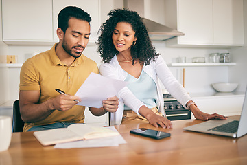 Image showing Couple, insurance paperwork and budget planning with laptop, bills and finance with taxes and mortgage. Financial documents, payment and loan with policy, audit and review with asset management
