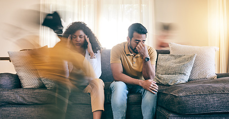 Image showing Tired parents, children and running on sofa in stress, headache or depression in chaos at home. Frustrated mother and father in burnout, anxiety or difficulty with ADHD kids in living room at house