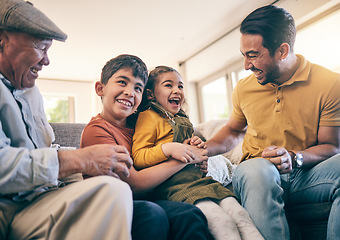 Image showing Children, father and grandfather playing and laughing on a home sofa with happiness, tickle and fun. Funny kids and men relax together as a family with love, care and joy on a living room couch