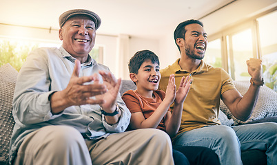 Image showing Father, grandfather and child watching tv and celebrate on home sofa for broadcast, live goal and support. Boy kid, senior man and parent together as male family team and clap as excited esports fan