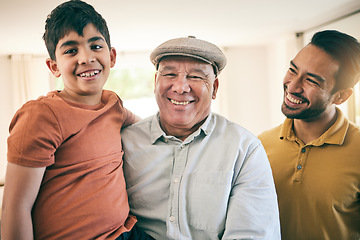 Image showing Portrait of child, father and grandfather at home with happiness, proud smile and fun. Boy kid, senior man and parent relax together as male family with love, care and joy in a living room for visit