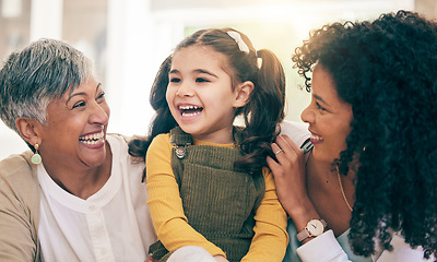 Image showing Child, mother and grandma laughing in a family home with happiness, love and support. Girl kid, mature woman and parent relax together for adoption of daughter with joy in living room for visit