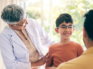 Image showing Glasses, optometry and a boy at the clinic for prescription frame lenses to improve vision or eyesight. Medical, kids and a male child in an optician office for an eye exam or optical assessment