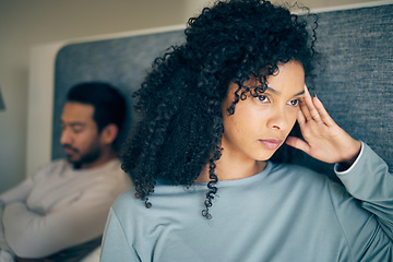 Image showing Couple, fight and stress in bedroom for divorce, anger and thinking of breakup, cheating and anxiety. Face of frustrated, sad and depressed woman with partner in bed for conflict, argument and drama