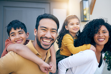 Image showing Portrait, happy and family piggyback by home, bonding and excited for funny laugh together. Face, children and parents, mother and father with care, love and smile for support in connection at house