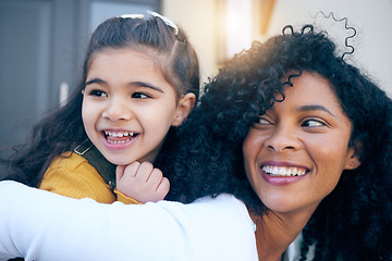 Image showing Piggy back, home and mother with girl for having fun, bonding and healthy relationship in morning. Happy family, parents and mom carrying young daughter playing together for love, care and trust