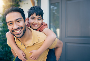 Image showing Portrait, smile and father piggyback child by home, bonding and excited together. Face, kid and dad carrying boy, funny laugh and happy with care, play and support for healthy connection of family