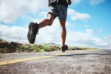 Image showing Legs, training and runner in road, fitness and exercise in nature for marathon, wellness and cardio with shoes. Sport, person in street and outdoors running for speed achievement, race and workout