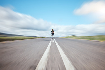Image showing Fitness, energy and man runner in road for competition, running or workout in countryside. Sports, race and male athlete in street for training, exercise or speed, resilience or performance challenge
