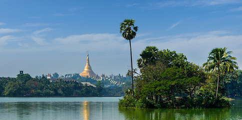 Image showing View of Shwedagon Pagoda over Kandawgyi Lake