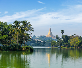 Image showing View of Shwedagon Pagoda over Kandawgyi Lake