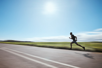 Image showing Runner blur, fast and man on road outdoor, cardio or healthy body fitness. Athlete speed, sprint or exercise in competition, workout training or race on street in wellness at countryside mockup space