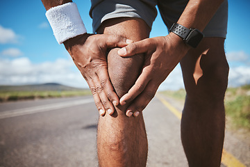 Image showing Knee pain, person hands and runner massage injury problem, broken bone and tired from exercise. Anatomy fatigue, burnout and closeup athlete sore from running, race training or sports cardio workout