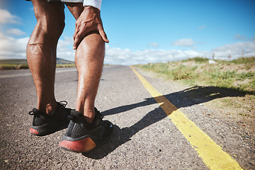 Image showing Legs injury, marathon runner or person massage nerve problem, calf muscle ache or fatigue burnout from exercise. Joint pain, anatomy risk or closeup athlete hurt from running accident on asphalt road