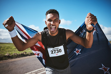 Image showing Portrait, fitness and flag of New Zealand with a man runner on a road for motivation or success at a race. Winner, health or celebration with an athlete cheering during cardio training or competition