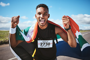 Image showing Portrait, fitness and flag of South Africa with a man runner on a street in nature for motivation or success. Face, winner and health with a male athlete cheering during cardio or endurance training