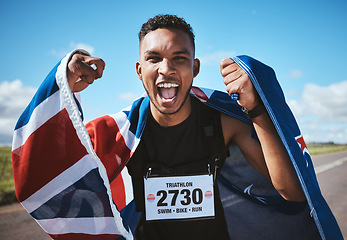 Image showing Portrait, exercise and flag of New Zealand Africa with a man runner training in nature for motivation or success. Sports, winner and health with an athlete cheering during cardio or endurance