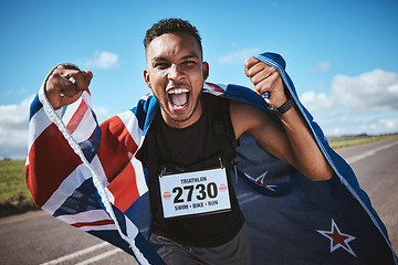 Image showing Portrait, training and flag of New Zealand with a man runner on a street in nature for motivation or celebration. Sports, winner and success with an athlete cheering for cardio or endurance training