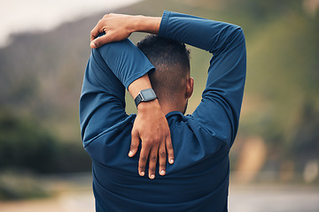 Image showing Fitness, man stretching arms and outdoor running workout on road for health and wellness. Sports, motivation and healthy mindset, performance training and stretch for runner exercise or marathon.