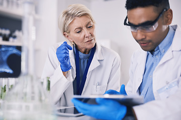 Image showing Science, man and woman with checklist, plants in laboratory and research on sustainability in future technology. Biotech, study or scientist team with leaves in test tube and problem solving together