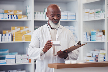 Image showing Pharmacy medicine, clipboard and mature black man reading product description, package info or checklist for clinic inventory. List, medical pills box and pharmacist check pharmaceutical supplements