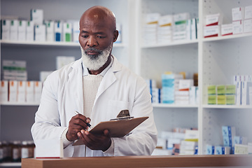 Image showing Pharmacy, clipboard and mature black man writing notes of product description, medical drugs information or clinic stock take. List, pills and African pharmacist doing store inventory of supplements