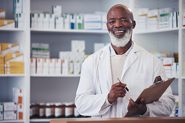 Image showing Pharmacy portrait, clipboard and mature black man writing notes of hospital product, healthcare drugs or clinic stock. List, pills or happy African pharmacist smile for store pharmaceutical inventory