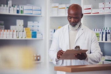 Image showing Pharmacy, pharmacist and clipboard, medicine checklist and pharmaceutical supply chain for healthcare and product inventory. Medical worker, senior black man and stock check for database and supplier