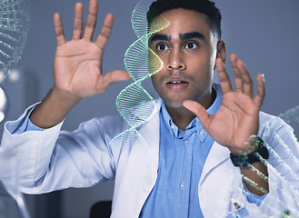 Image showing Scientist man, dna hologram and lab analysis with thinking, study and data for health, medical research or ideas. Biology, laboratory and 3D holographic overlay for science, info or vision for sample