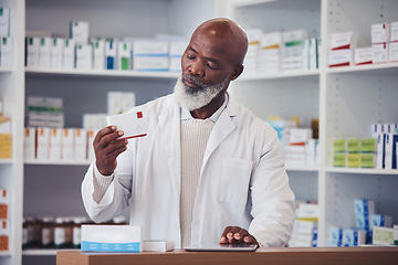 Image showing Black man, pharmacist and pill box with healthcare, prescription and tablet with medication boxes. Person, pharmacy and professional with inventory, drugstore and medicine with information and tech