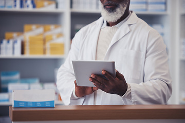 Image showing Hands, senior man and pharmacist with digital tablet for medicine inventory and pills database in pharmacy. Closeup, person and healthcare with internet technology for supply chain and research