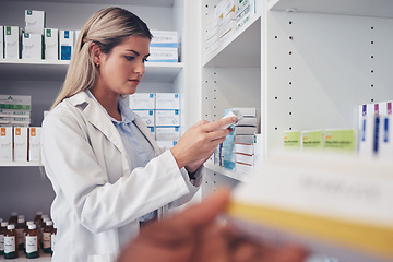 Image showing Medicine box, pharmacist and woman reading product description, package info or search shop shelf. Pharmacy inventory, drugs pills and person check pharmaceutical supplements for customer support