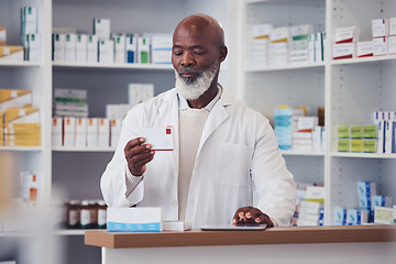 Image showing Black man, pharmacist and pill box with a tablet, medication boxes and healthcare with inventory. Person, pharmacy and professional with information, drugstore and medicine with tech and prescription