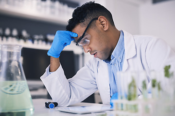 Image showing Stress, science and a man with burnout in a laboratory for research or innovation in medicine. Thinking, problem solving and a male scientist working to a deadline in a lab for medical breakthrough