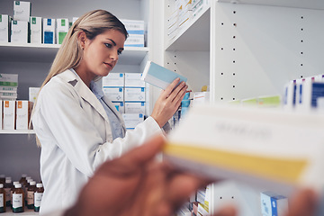 Image showing Medicine box, pharmacy and woman reading product label, package information or search shop shelf. Pharmacist, drugs pills and person check pharmaceutical for client help, service or customer support