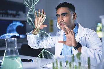 Image showing Scientist man, dna hologram and laboratory with thinking, plant study and data for health, medical research or ideas. Biochemistry lab, 3D holographic overlay or leaves for science, info or analysis