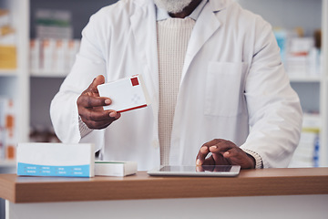 Image showing Medicine box, tablet and hands of pharmacist typing product search, package info or digital checklist for clinic inventory. Pharmacy, medical pills and person research pharmaceutical supplements