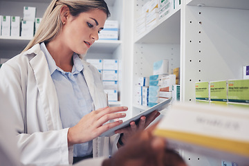 Image showing Tablet, clinic woman and pharmacist reading, typing and search hospital database for product, pills or medicine. Pharmacy shop, online research and health expert check pharmaceutical supplements info