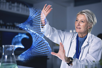 Image showing Woman, dna hologram and lab analysis, study or innovation with futuristic medical research with ux. Senior scientist, laboratory and 3D holographic overlay for digital transformation, hands or vision