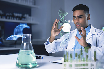 Image showing Man, dna hologram and biochemistry lab with thinking, plant study and data for health, medical research or ideas. Scientist, 3D holographic overlay or leaves for science, info or laboratory analysis