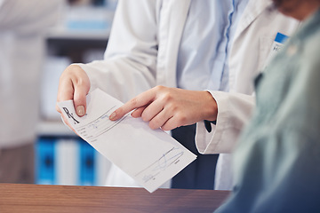 Image showing Customer help, paper and hands of pharmacist explain description, receipt information or healthcare advice. Store clinic client, hospital communication or closeup medical expert point at prescription