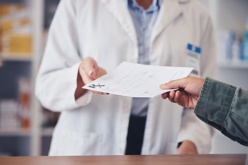 Image showing Pharmacy, hands of pharmacist and customer with paper for prescription, medical notes and healthcare. Pharmaceutical, professional person and patient with script for antibiotics and medicine