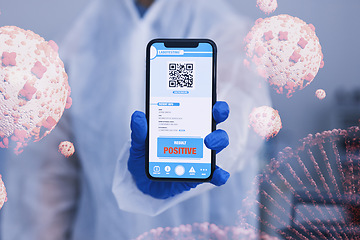 Image showing Hand, phone screen and qr code for positive covid test, gloves for safety, health or dna hologram. Scientist, virus particle and smartphone for 3D holographic overlay for results, app or ppe for scan