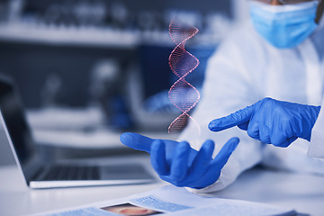 Image showing Hands, scientist and dna hologram in lab analysis, studying and gloves for safety, health and medical research. Virus biology, laboratory and 3D holographic overlay with check, covid and ppe at desk