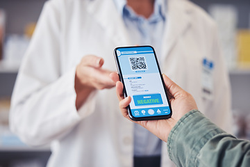 Image showing Phone screen, doctor hands and QR code, test results or drugs, virus and mobile app for medical services. Healthcare pharmacist and patient for online certificate, monkeypox info or negative feedback