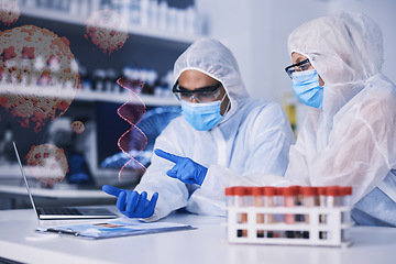 Image showing Laptop, hologram and blood sample with a science team in a laboratory for research or innovation. Computer, overlay and dna in a glass vial for lab test or study as a pathology scientist colleagues