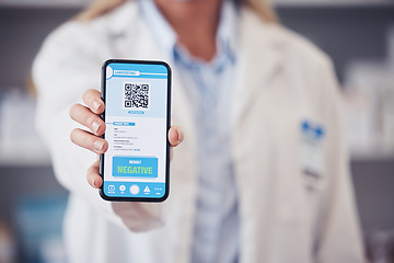 Image showing Qr code, hand and phone screen for health results with an app for monkeypox safety. Healthcare, digital and a doctor with a mobile for a barcode for healthcare progress or to show information