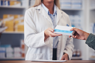 Image showing Pharmacist, hands of woman and pills with customer for healthcare, mental health and wellness in pharmacy. Pharmaceutical, professional and person for medical product, prescription and antibiotics