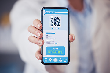 Image showing Closeup, hand and phone screen for health results with a barcode for monkeypox safety. Healthcare, digital and a doctor with a mobile for a qr code for healthcare progress or show information