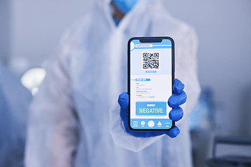 Image showing Phone screen, science hands and QR code, test results for drugs, virus and bacteria on medical mobile app in laboratory. Healthcare, scientist and online report, monkeypox info and negative feedback